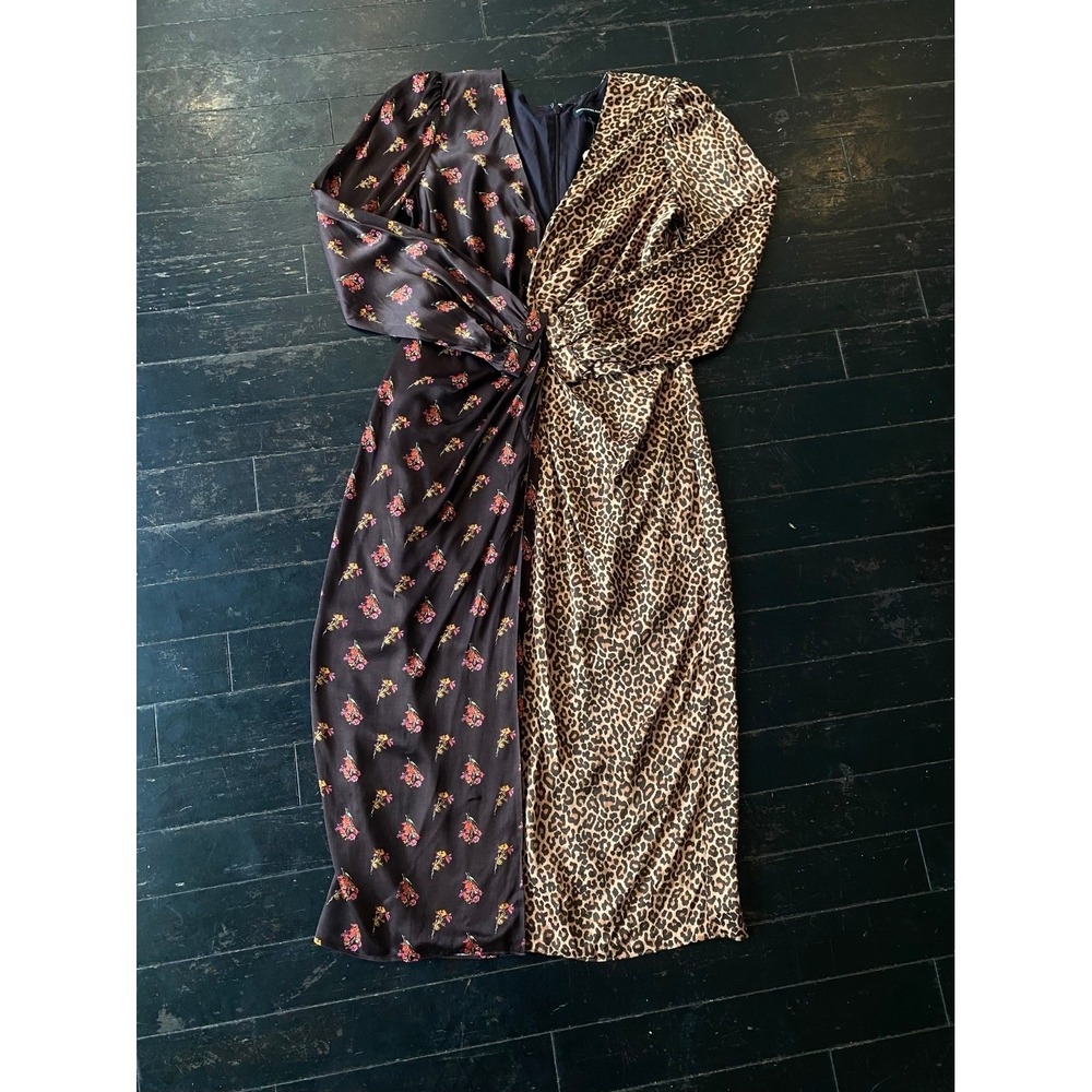 Something Navy Womens Leopard Floral Split Print Twist Front Midi Dress Brown M